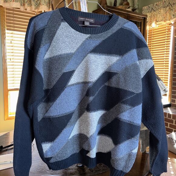 VINTAGE 90s Liberty Sweater Mens Large Geometric Grandpa Sweater Cottage USA - Picture 2 of 6